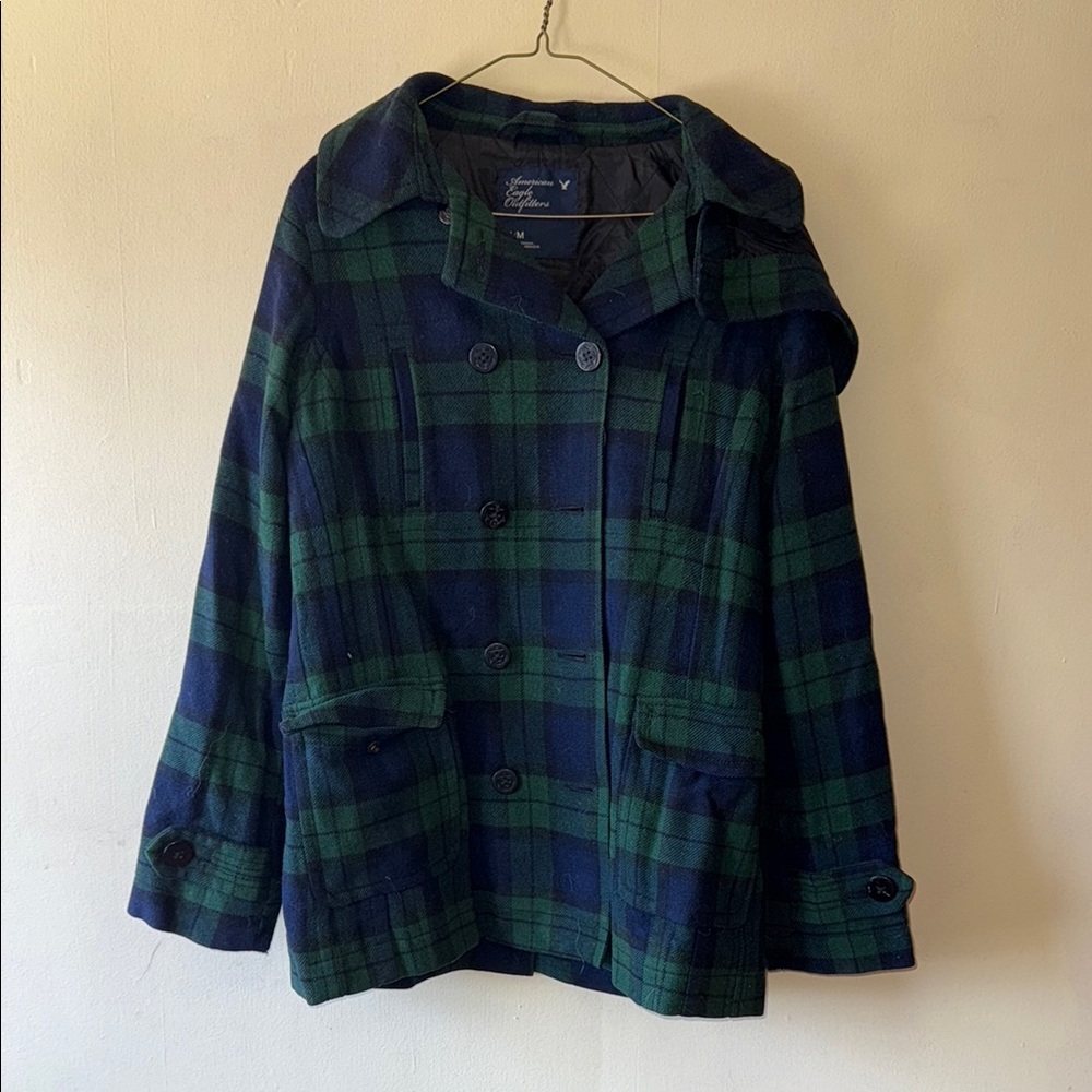 American Eagle Outfitters Green and Blue Pea Coat Relaxed Fit